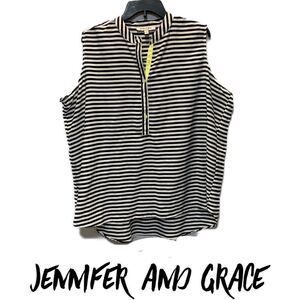 Jennifer and Grace 3X sleeveless quarter button down blouse Black white striped